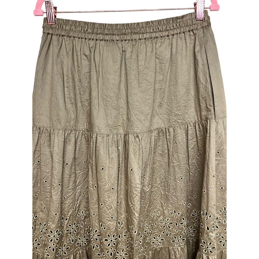 Coach Broderie Anglaise‎ Long Skirt In Organic Cotton Dark Olive Women’s Size 6 - Picture 4 of 11